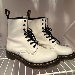 Dr. Martens White Leather Boots with Black Laces and Yellow Stitching